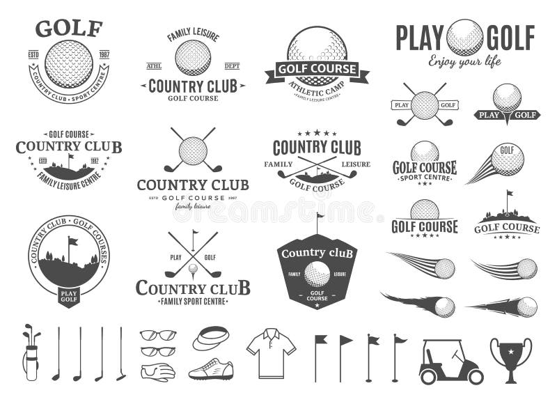 Spielen Sie Countryklublogo, -aufkleber, -ikonen und -Gestaltungselemente Golf