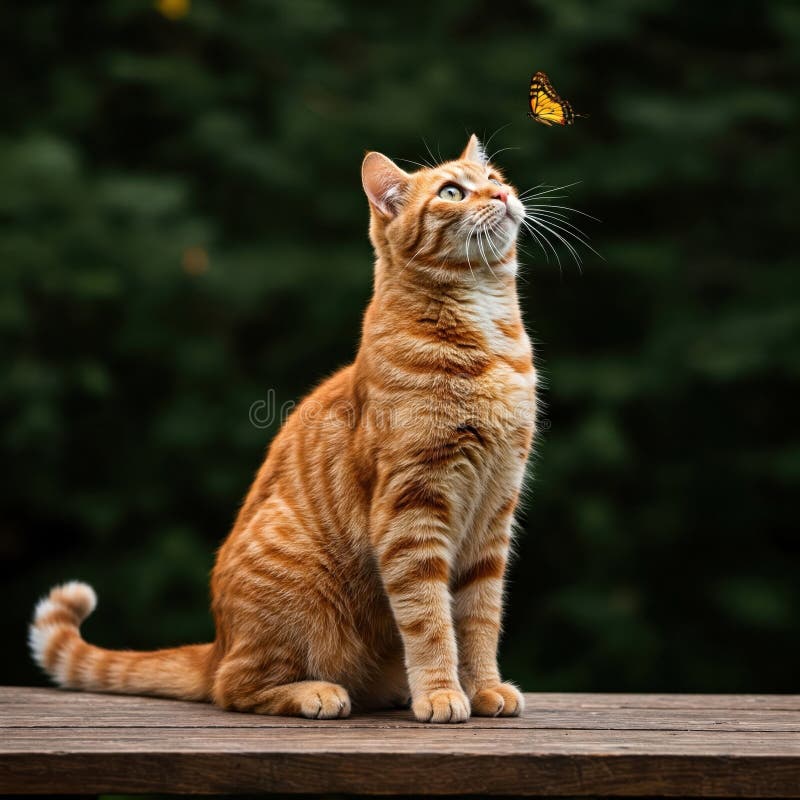 Spielender Moment zwischen Katze und Schmetterling stock abbildung