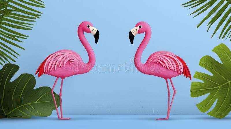 Spielerisch rosa Flamingos umgeben von tropischen Blättern auf blauem Hintergrund. Zwei lebhafte rosa Flamingos stehen spielerisch vor blauem Hintergrund, umgeben von üppigen tropischen Blättern. diese skurrile Illustration erfasst Sommervibes und exotische Schönheit. generative Illustration