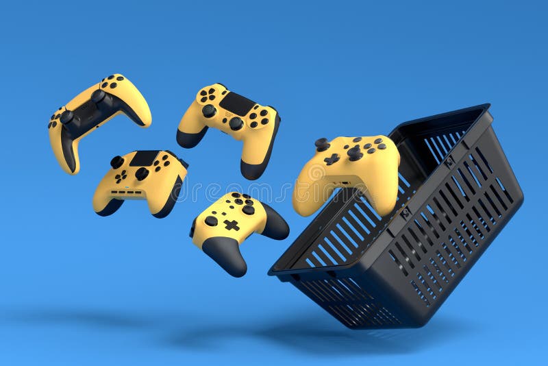 Spielerjoysticks oder Gamepads im Plastikkorb auf blauem Hintergrund stock abbildung