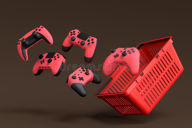 Spielerjoysticks oder Gamepads im Plastikkorb auf dunklem Hintergrund vektor abbildung