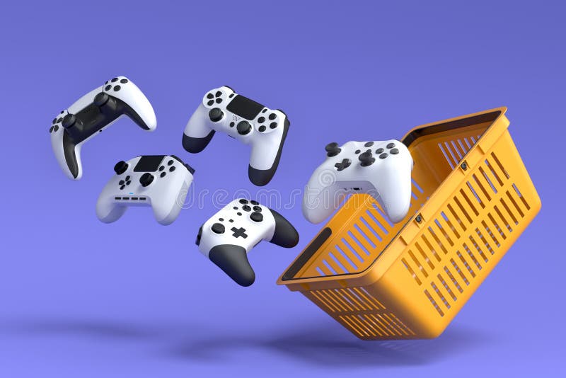 Spielerjoysticks oder Gamepads im Plastikkorb auf violettem Hintergrund stock abbildung