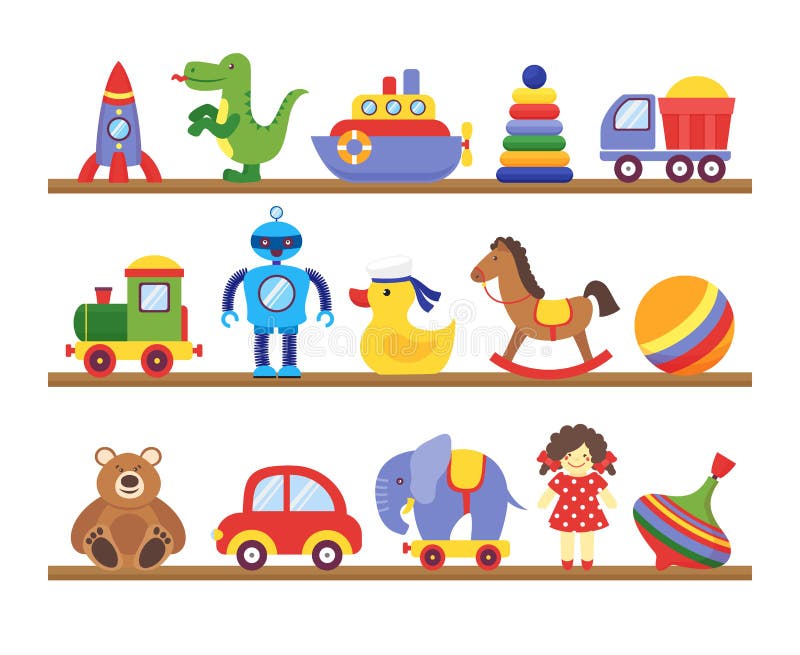 Spielwaren auf Regalen Karikaturspielzeug auf kaufendem hölzernem Regal des Babys Lokalisierter Vektor des Dinosaurierroboter-Aut