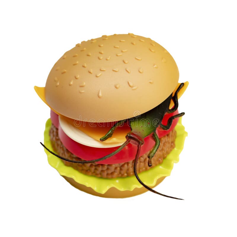 Spielzeughamburger mit Spielzeugschabe nach innen Getrennt auf wei?em Hintergrund stockfoto Spielzeughamburger mit Spielzeugschabe nach innen Getrennt auf wei?em Hintergrund stockfoto