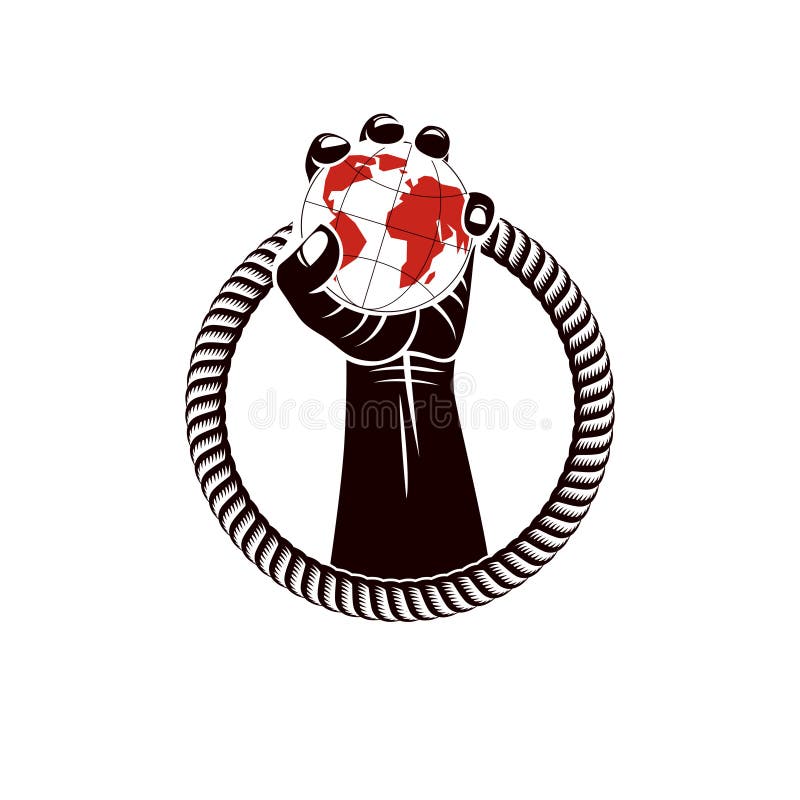 Spier dichtgeklemde vuist van de sterke die mens door kabel en greep wordt omringd vector illustratie Spier dichtgeklemde vuist van de sterke die mens door kabel en greep wordt omringd vector illustratie
