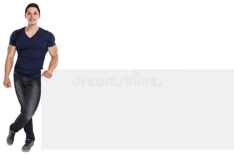 Spier jonge mens copyspace marketing de bodybuilder leeg leeg die teken van de advertentieadvertentie op wit wordt geïsoleerd stock fotografie Spier jonge mens copyspace marketing de bodybuilder leeg leeg die teken van de advertentieadvertentie op wit wordt geïsoleerd stock fotografie