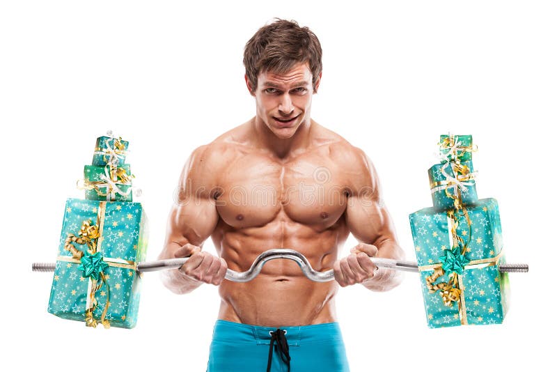Muscular bodybuilder guy doing exercises with gifts isolated over white background. Muscular bodybuilder guy doing exercises with gifts isolated over white background