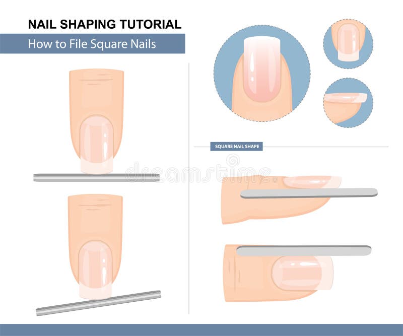 Nail Shaping Tutorial. How to File a Square Nail Shape. Step by Step Instruction. Vector illustration. Nail Shaping Tutorial. How to File a Square Nail Shape. Step by Step Instruction. Vector illustration