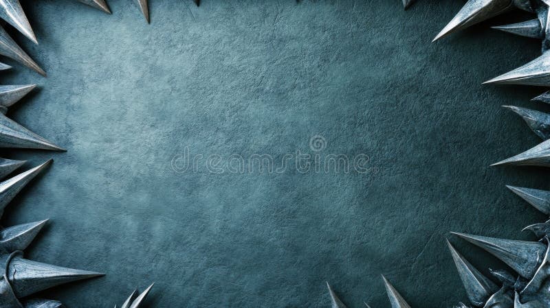 Spiked metallic border on textured teal background creates a dramatic frame, AI stock photography