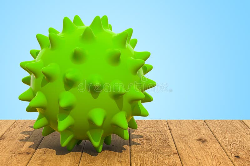 Spiky balls for massage or toy for pets on the wooden planks, 3D rendering