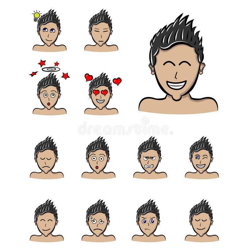 Spiky hair style man emotions, Vector boy face expressions cartoon style. e...