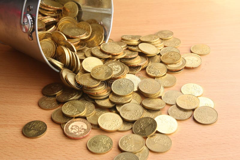 Spilled Bucket of Gold Coins Stock Image Image of savings, coins 48193037
