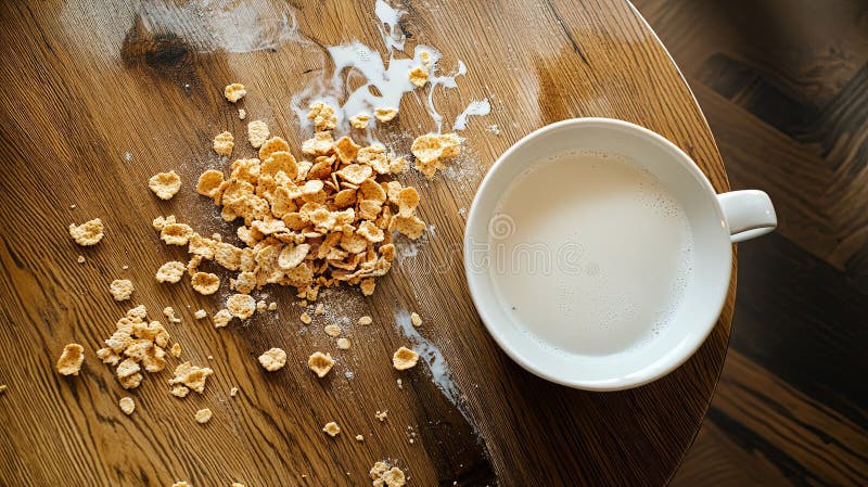 Spilled cereal and milk on wooden breakfast table. royalty free stock photo