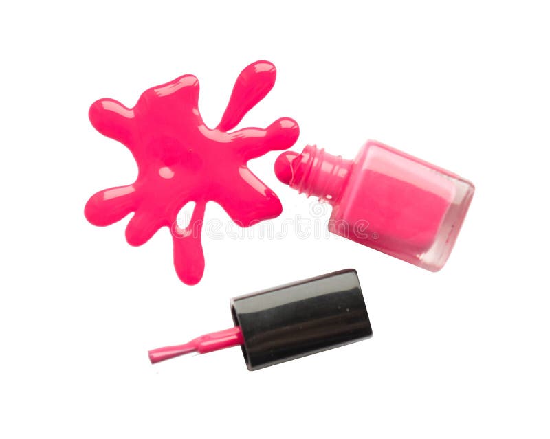 Spilled Nail Polish and Bottle on White Background. Drops of Liquid