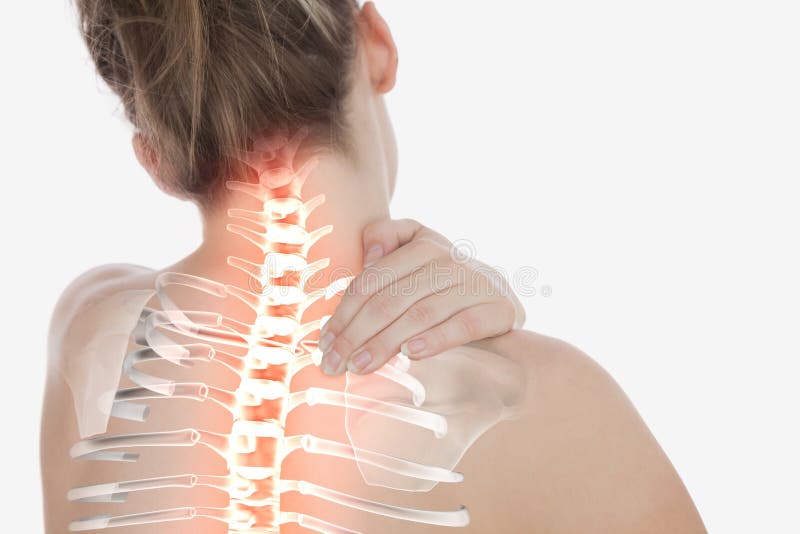 Spina dorsale evidenziata della donna con dolore al collo fotografie stock libere da diritti Spina dorsale evidenziata della donna con dolore al collo fotografie stock libere da diritti