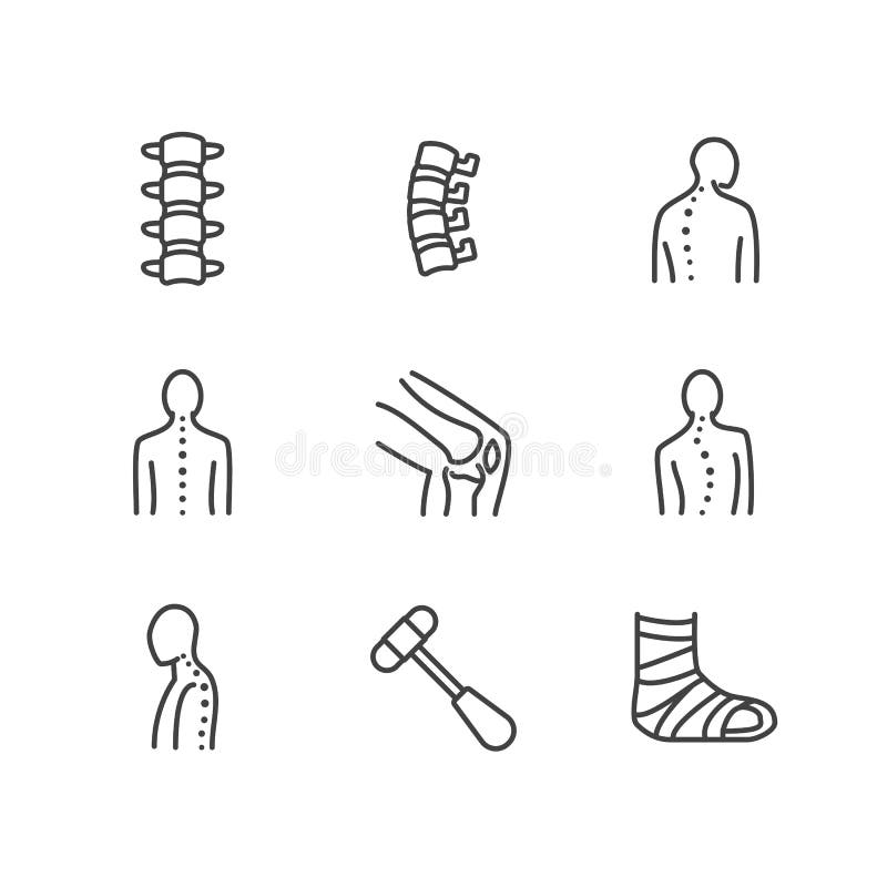 Spina dorsale, linea icone della spina dorsale Clinica di ortopedia, riabilitazione medica, trauma posteriore, osso tagliato, cor
