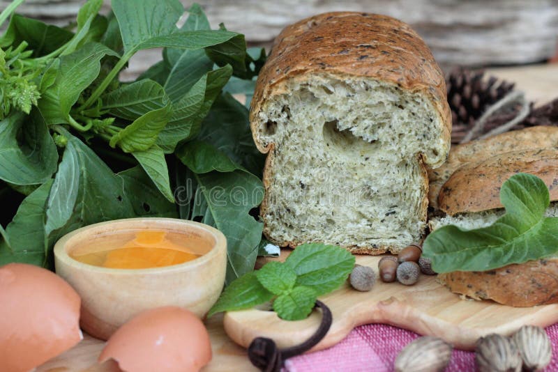 Spinach Bread and Fresh Spinach with Making Baker. Stock Photo Image
