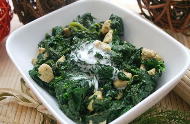 Spinach and chicken in a bowl