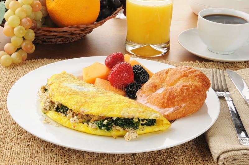 Spinach and Feta Cheese Omelet with a Croissant Stock Image Image of