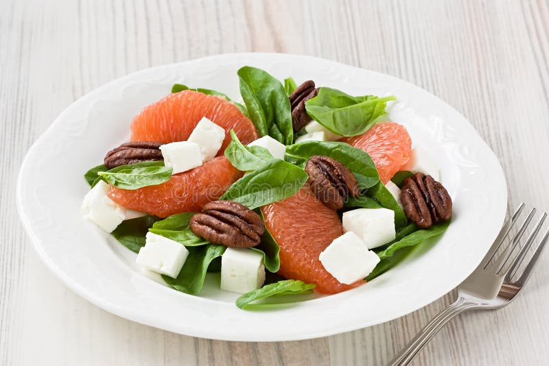 Spinach Grapefruit Goat Cheese Salad with Pecan Stock Photo Image of