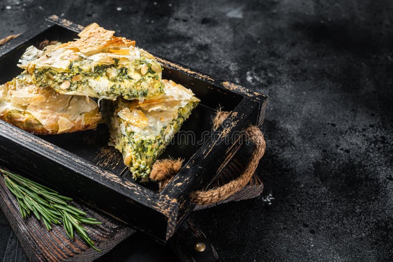 Spinach Pie Pieces, Spanakopita Greek Pie in Wooden Tray. Black ...