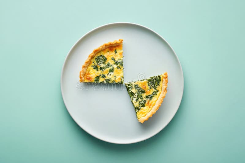 Spinach quiche serverad på en minimalistisk platta i halvduschad levande grön fyllning royaltyfria bilder