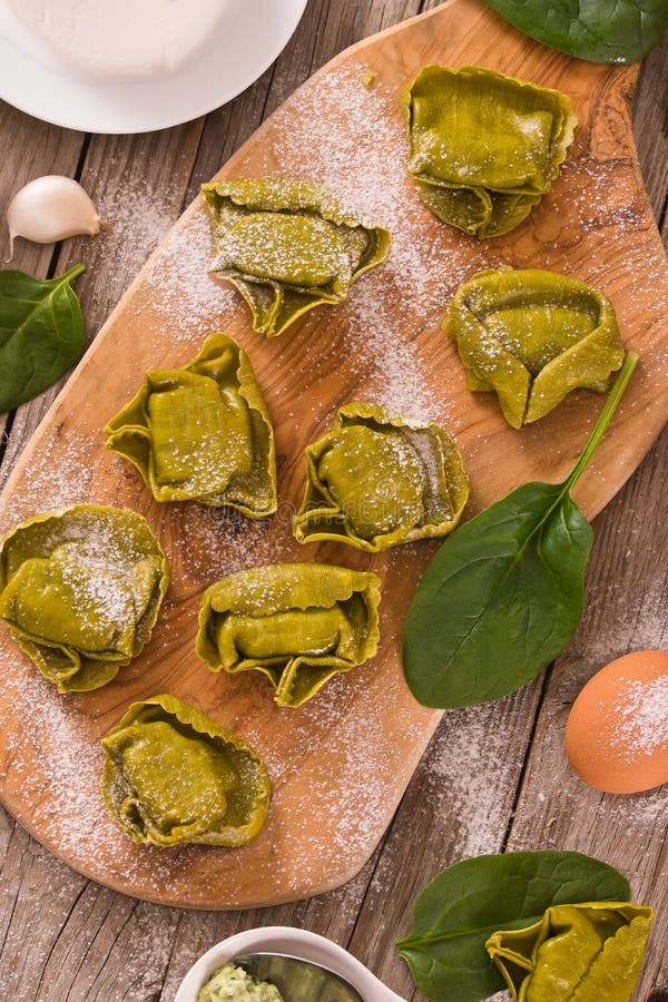 Spinach Ravioli with Ricotta Cheese Filling. Stock Photo - Image of