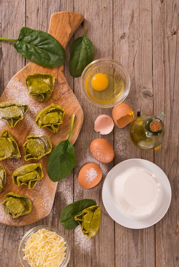 Spinach Ravioli with Ricotta Cheese Filling. Stock Photo - Image of