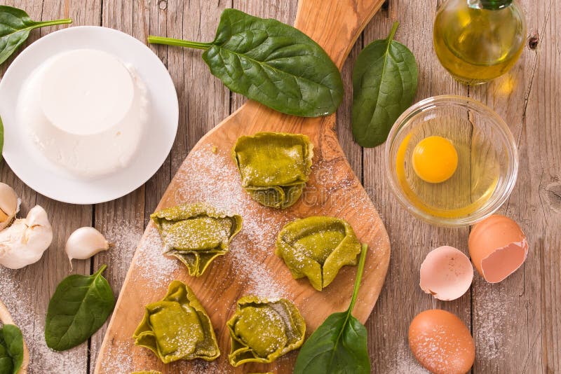 Spinach Ravioli with Ricotta Cheese Filling. Stock Photo - Image of