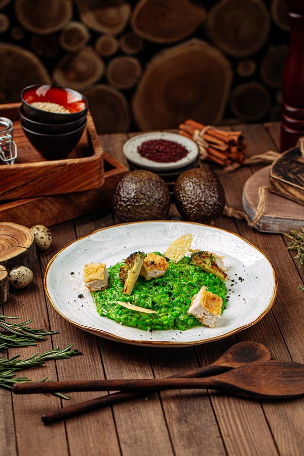 Spinach Risotto with Fried Chicken and Broccoli Stock Photo Image of