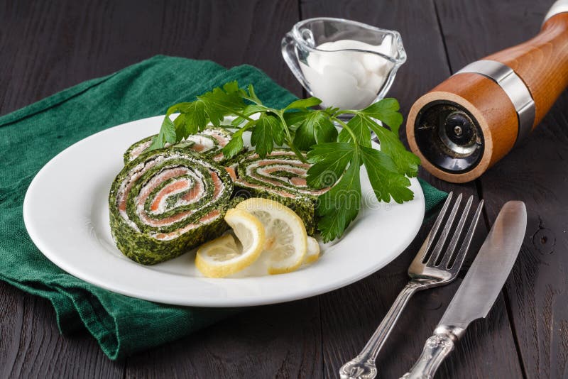 Spinach Rolls with Smoked Salmon and Cream Cheese Stock Photo - Image ...