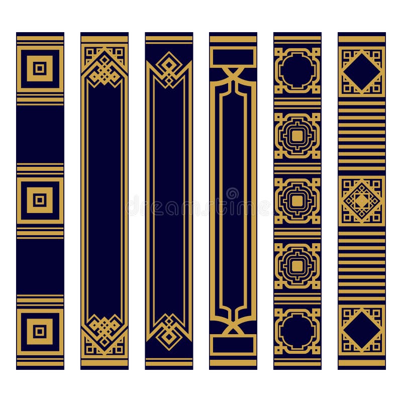 Spines of books pattern set. Bookbinding template design. Samples roots of book or bookmarks. Luxury gold and blue ornament.