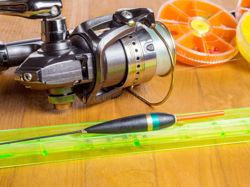 Spinning, Coil, Wobblers, Pliers. Set of Fisherman. Top View. Stock