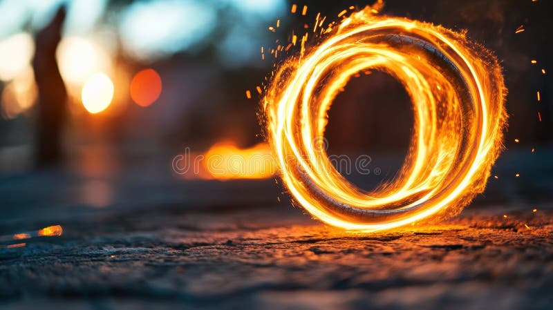 A spinning ring of fire captured in motion at night, creating mesmerizing swirling flames with glowing embers and bokeh stock photography