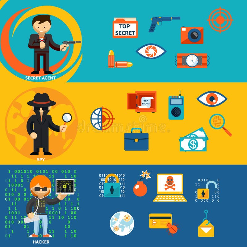 Spionera, det hemliga medlet och cyberen hackertecken vektor illustrationer Spionera, det hemliga medlet och cyberen hackertecken vektor illustrationer