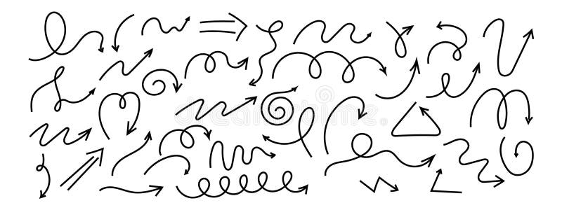 Spiral arrow doodle, wavy twist minimal squiggly line set. Curve comic turn way direction. Playful quirky simple free stock illustration