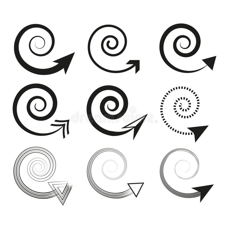 Spiral arrows set. Curved directional pointers. Abstract black symbols. Modern vector design. vector illustration