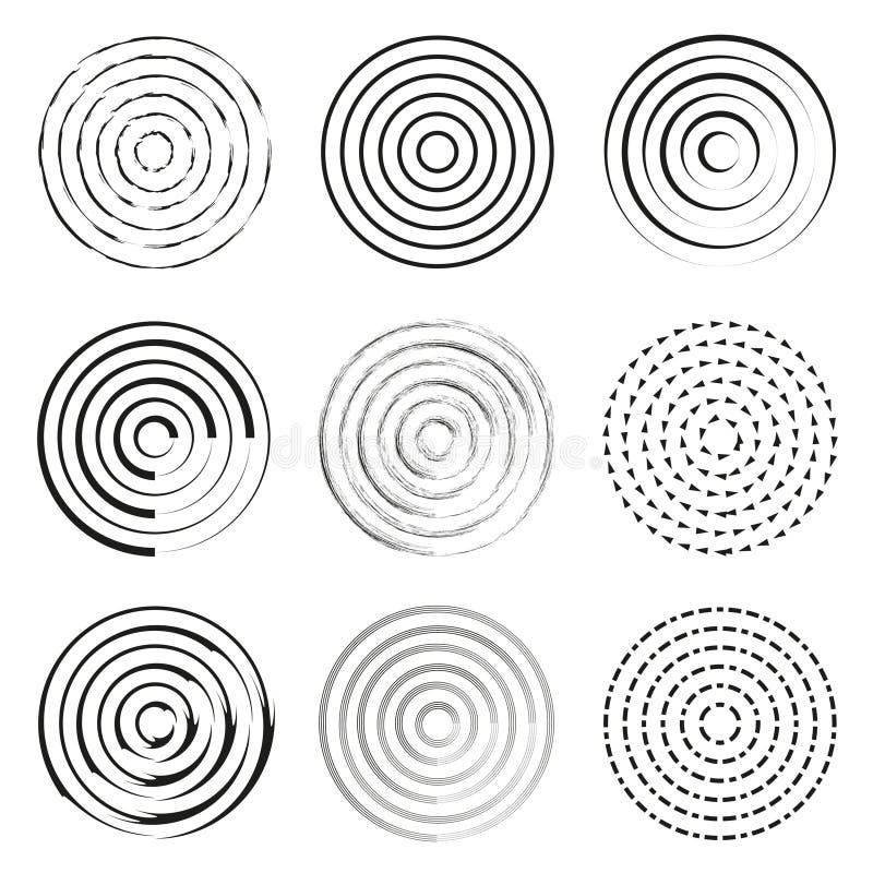 Spiral circle set. Concentric ring shapes. Modern Vector elements. Dynamic abstract patterns. royalty free illustration