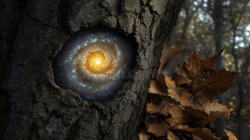A spiral galaxy viewed through the hollow of an ancient tree is referred to as the Cosmic Gateway royalty free stock images