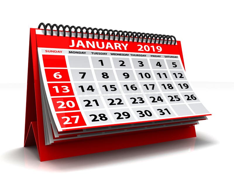 Spiral kalender Januari 2019 Januari 2019 kalender i vit bakgrund illustration 3d royaltyfri illustrationer Spiral kalender Januari 2019 Januari 2019 kalender i vit bakgrund illustration 3d royaltyfri illustrationer