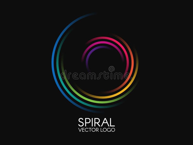Spiral logo. Round logotype design. Color swirl on black background. Dynamic shape concept. Abstract colorful element stock illustration