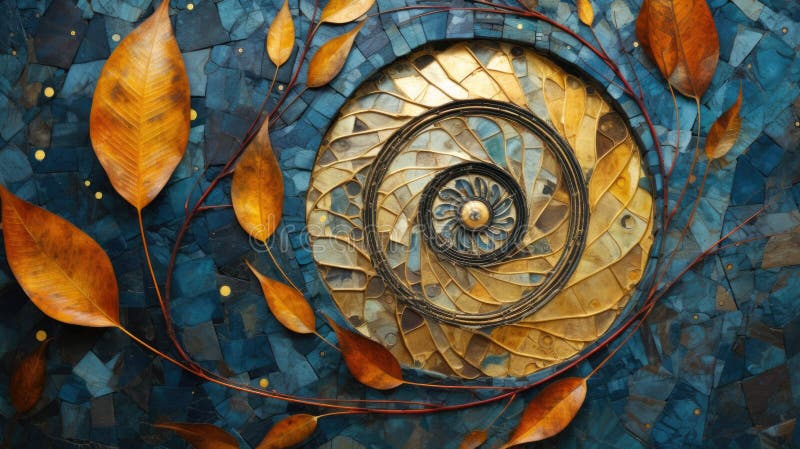 A spiral made out of leaves on a mosaic wall. AI. stock image