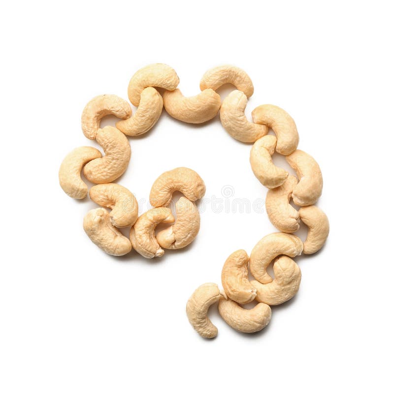 Spiral made of tasty cashew nuts on white background stock images