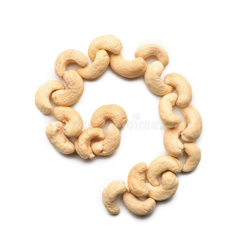 Spiral made of tasty cashew nuts on white background stock image