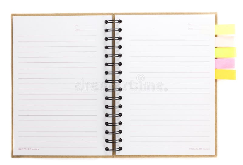 Spiral notebook open on white with colorful note paper