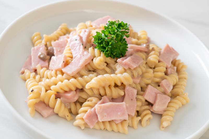 Spiral Pasta Mushroom Cream Sauce with Ham Stock Photo - Image of