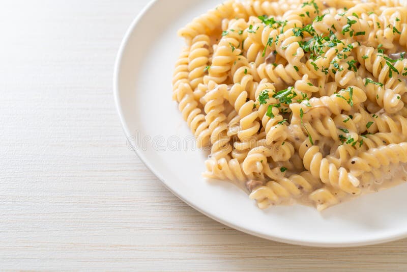 Spiral Pasta Mushroom Cream Sauce Stock Image - Image of cooked