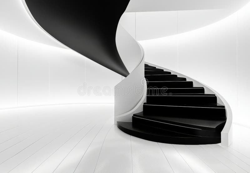 A spiral staircase with a geometric design is presented in a beautiful monochrome tone stock photo