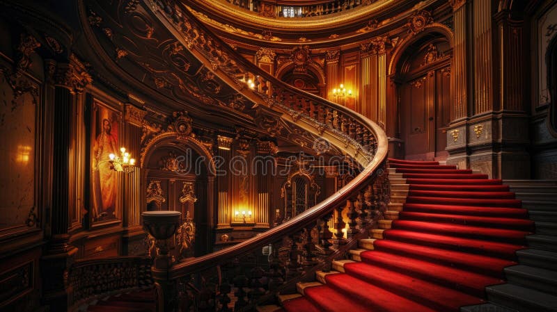 A spiral staircase with a luxurious red carpet, ideal for architectural design projects stock photography