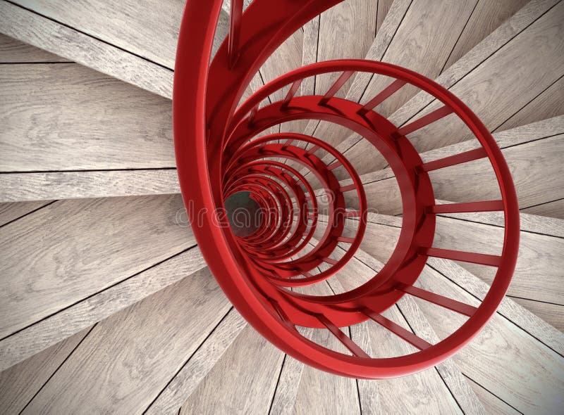 Spiral wood stairs with red painted balustrade. Painted curve stock images, royalty-free photos and pictures